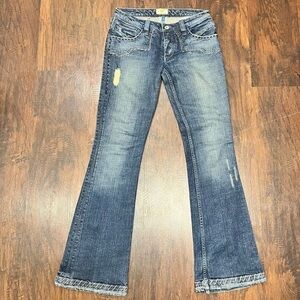 ANTIK DENIM JEANS Lo Rise Flare Leg  Stitching details &  distress Sz 28 EUC Y2K